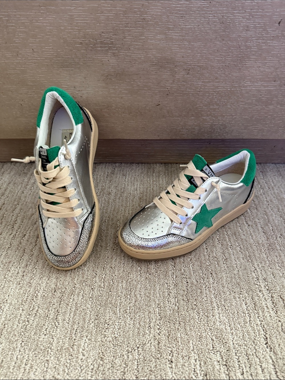 New! Vintage Havana Silver Sneakers with Green Star and Green Heel Tab